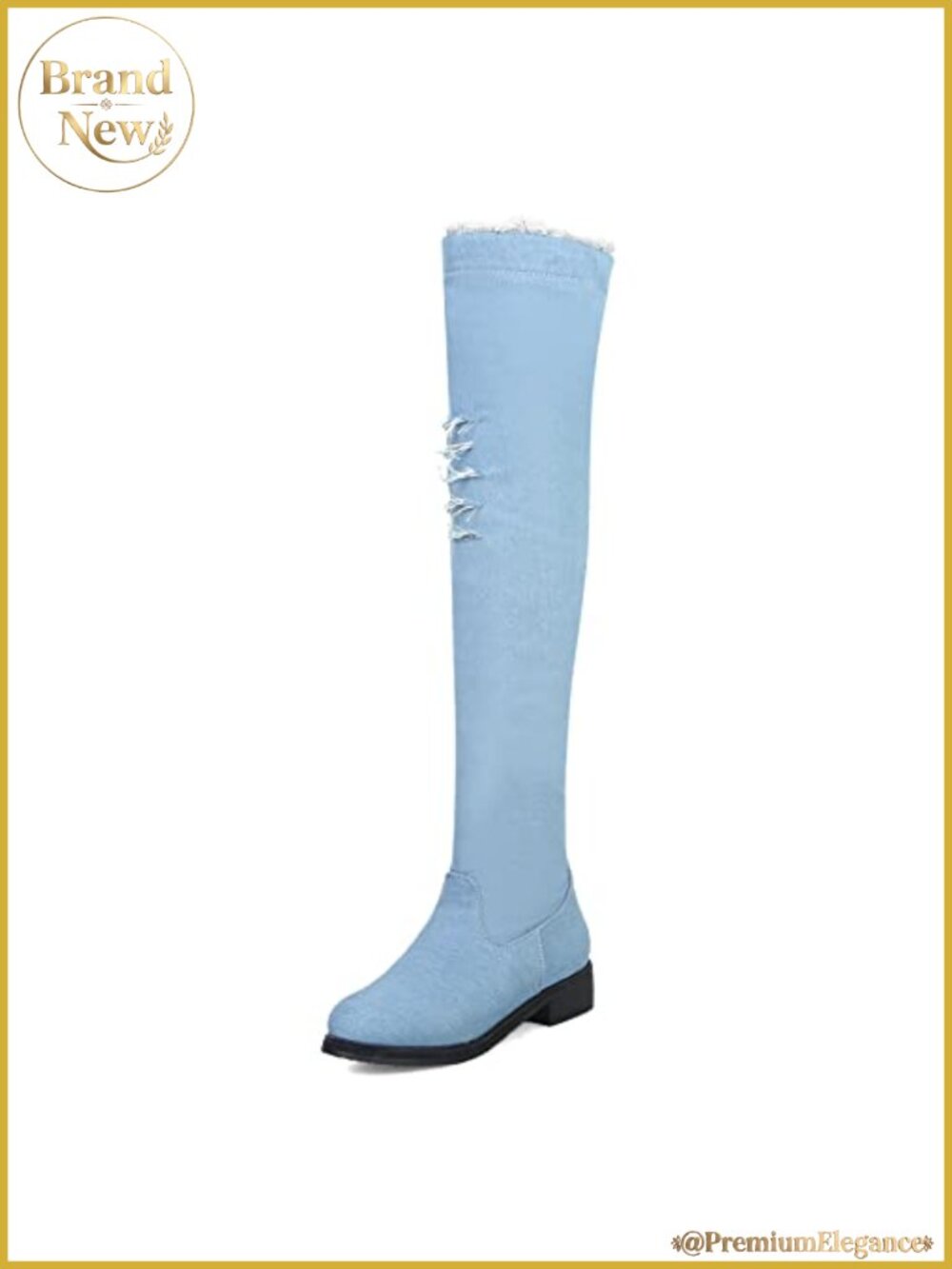 Denim Over the Knee Thigh High Boots Flat Block Heel Side Zipper Women